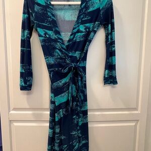 BCBGMaxAzria Teal and Navy Wrap Dress